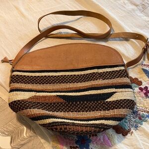 Striped Tan Leather and Black and Tan Woven Shoulder Bag